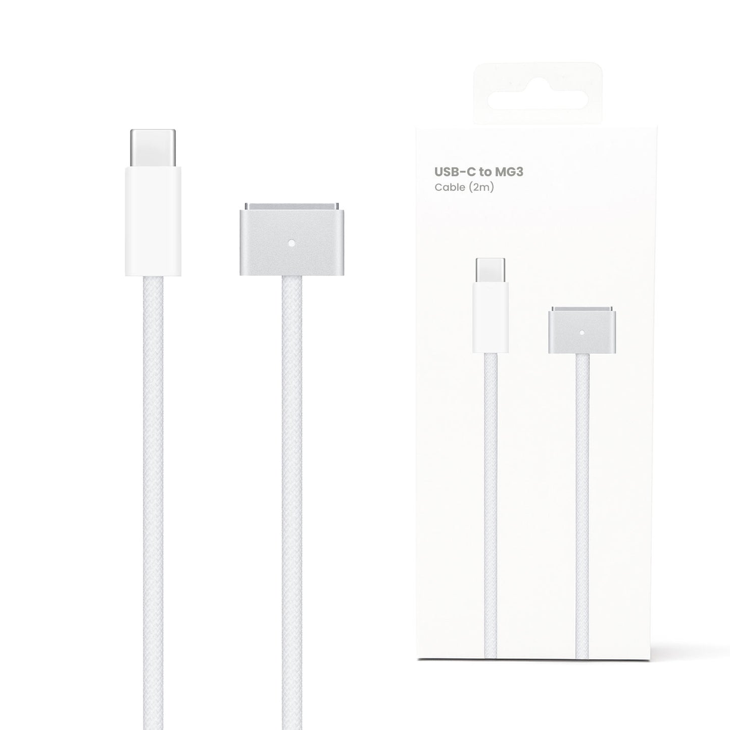 USB-C to MagSafe 3 magnetic charging cable showcasing the high-performance braided nylon exterior, magnetic power connector, and integrated LED status indicator