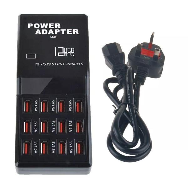 Usb Fast Charger 12 Port 12a W858 with 12 USB ports, automatic device identification, and 12A total power output