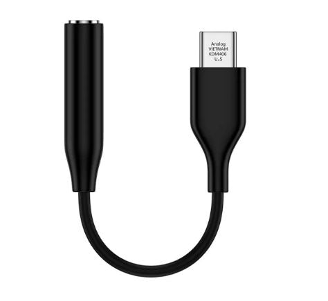 USB Type-C to 3.5mm headphone jack adapter dongle showcasing its precise male Type-C interface node, short flexible connection cord, and secure female analog auxiliary output chamber