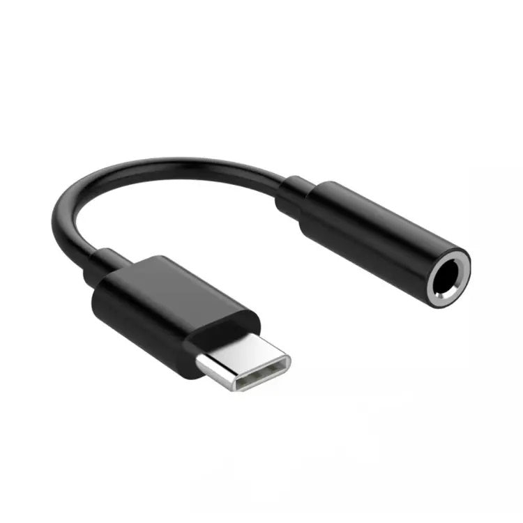 USB Type-C to 3.5mm headphone jack adapter dongle showcasing its precise male Type-C interface node, short flexible connection cord, and secure female analog auxiliary output chamber