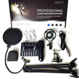 V10 BM-800 professional condenser microphone set displaying its interactive live sound card mixer, adjustable suspension scissor arm stand, shock mount, and dual-layer pop filter