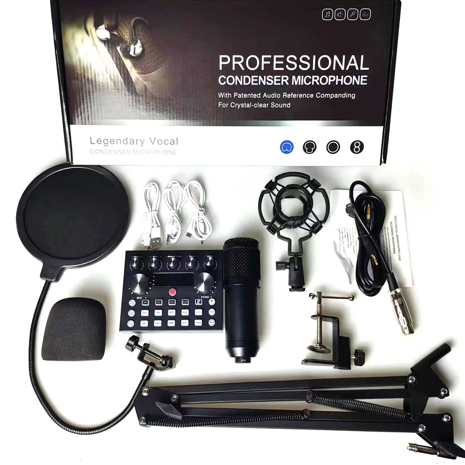 V10 BM-800 professional condenser microphone set displaying its interactive live sound card mixer, adjustable suspension scissor arm stand, shock mount, and dual-layer pop filter