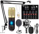 V8 BM-800 professional condenser microphone set showing its interactive live sound card mixer, custom zinc-alloy shock mount, matching stand, and USB interface cable links.