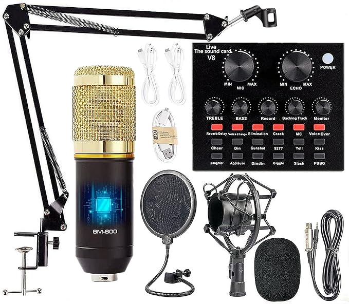 V8 BM-800 professional condenser microphone set showing its interactive live sound card mixer, custom zinc-alloy shock mount, matching stand, and USB interface cable links.