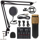V8 BM-800 professional condenser microphone set showing its interactive live sound card mixer, custom zinc-alloy shock mount, matching stand, and USB interface cable links