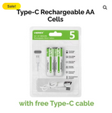 Vierex Rechargeable AAA Lithium-Ion Battery with built-in Type-C charging port and smart protection