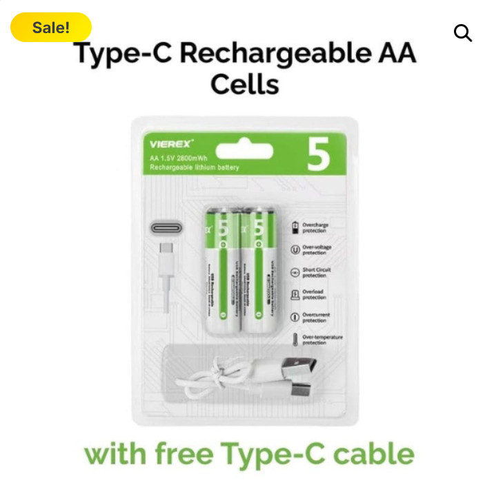 Vierex Rechargeable AAA Lithium-Ion Battery with built-in Type-C charging port and smart protection