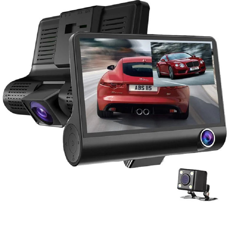 WDR 3-lens car dashcam with 170-degree wide angle, rearview camera, and 1080P Full HD recording