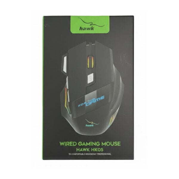 HAWK HK05 PowerGrip 7D RGB Wired Gaming Mouse, featuring an ergonomic design for superior comfort, customizable RGB lighting effects, and high-precision 7D button control for an enhanced and responsive gaming experience