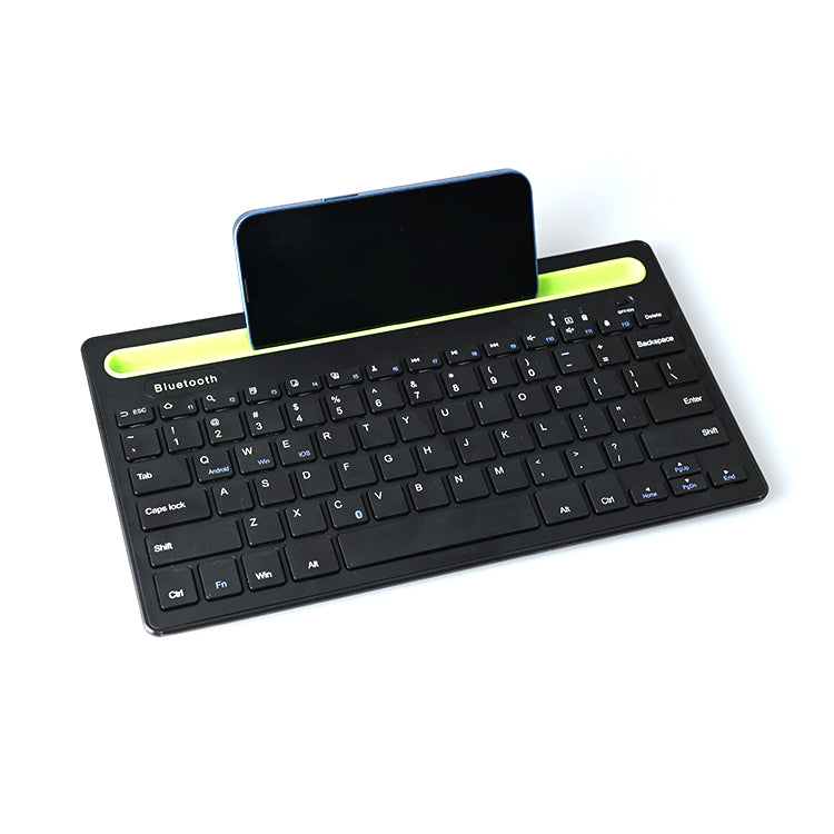 Wireless Bluetooth keyboard with integrated phone and tablet holder slot, featuring a 78-key layout and universal compatibility