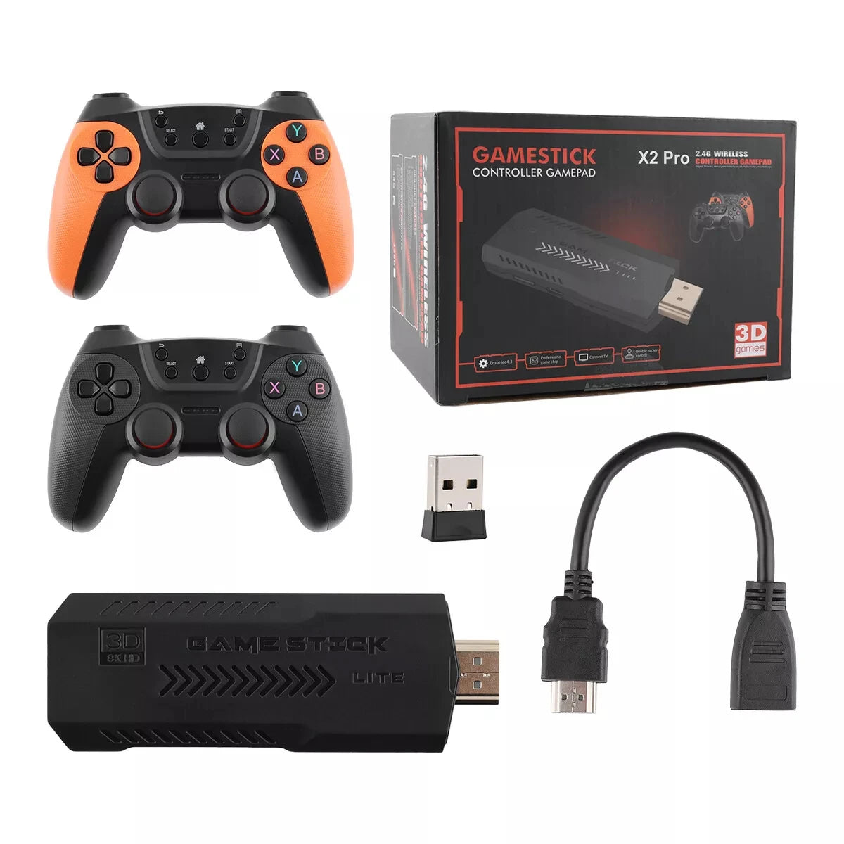X2 Pro 4K retro video game stick with 35,000 games, 64GB storage, and two wired USB controllers