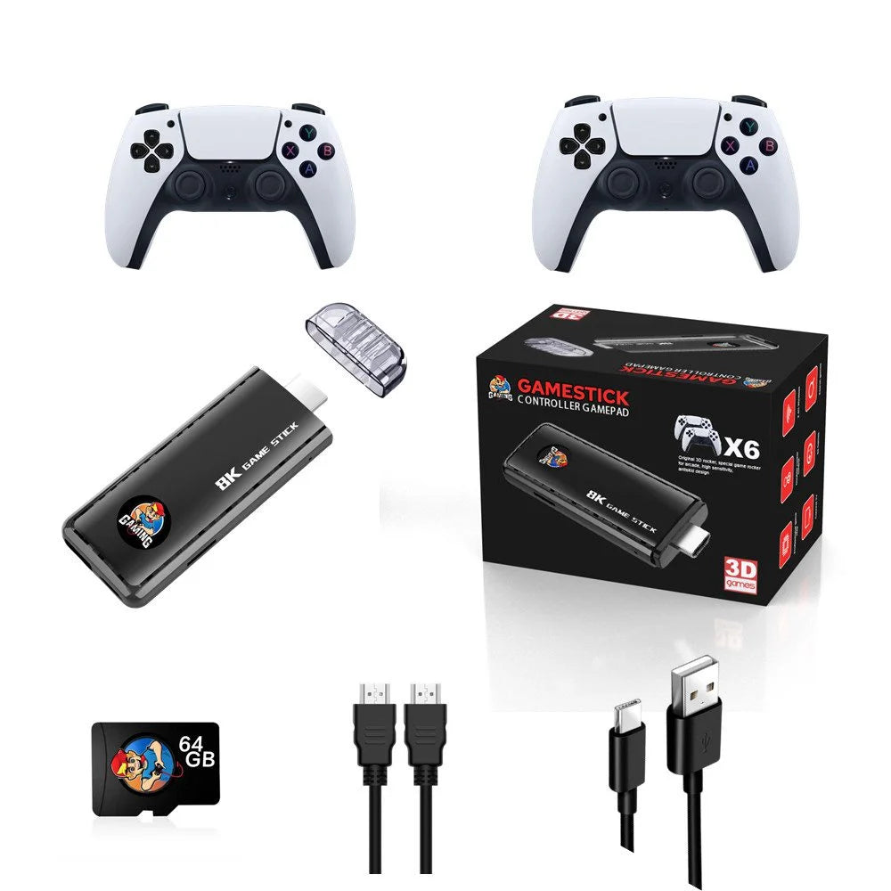 X6 8K HD game stick console with 40,000+ games, 64GB storage, and two 2.4G wireless controllers