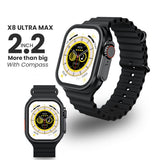 X8 Ultra Max Series 8 smartwatch with a 2.2 inch screen, built-in compass, physical strap lock, and wireless charging