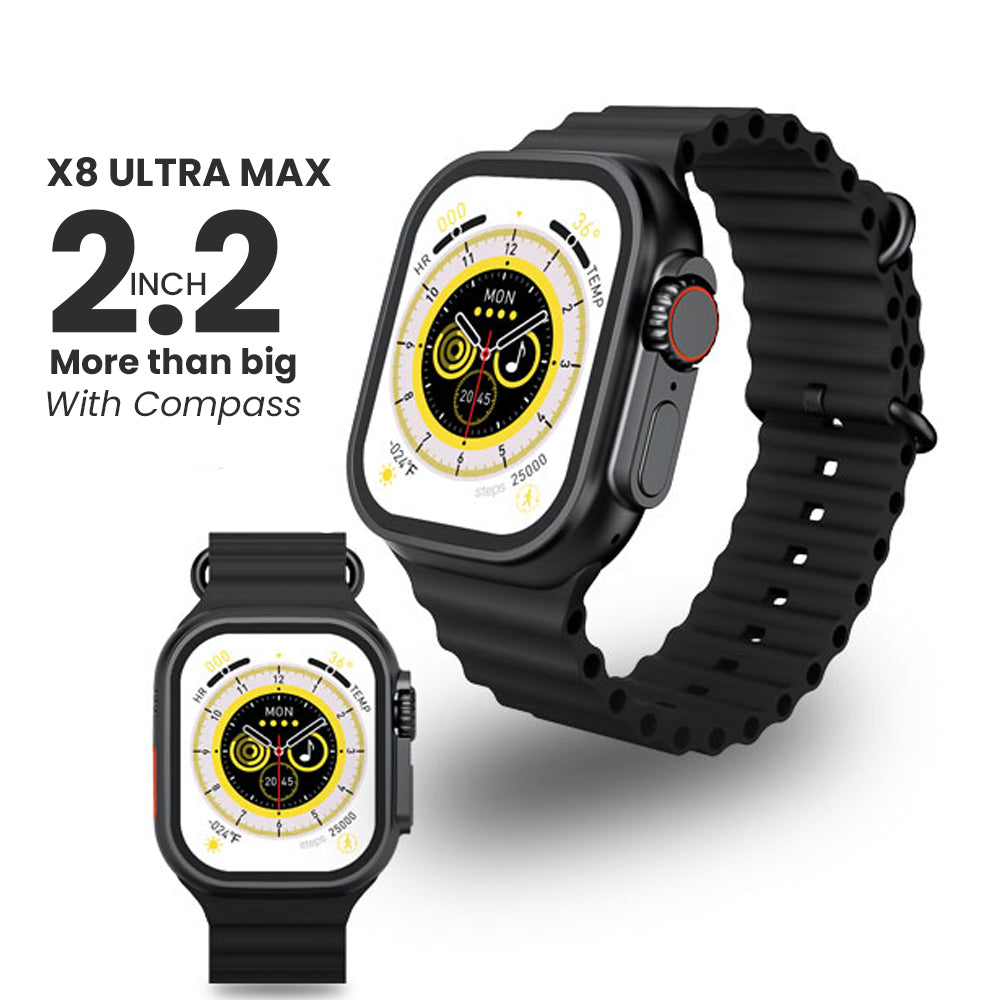 X8 Ultra Max Series 8 smartwatch with a 2.2 inch screen, built-in compass, physical strap lock, and wireless charging