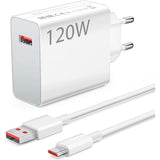 Xiaomi 120W HyperCharge wall adapter showing its EU plug interface, high-speed output port, and the bundled high-transfer connection cable