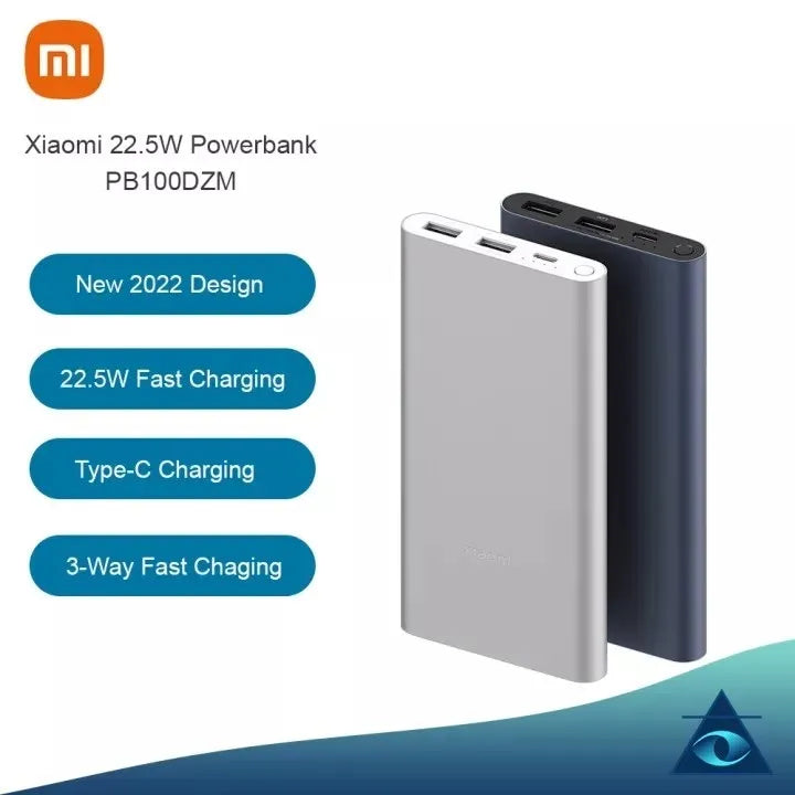 Xiaomi Mi 10000mAh two-way fast charge power bank featuring a slim design, 22.5W USB-C and USB-A ports, and multi-layer circuit protection