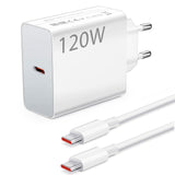 Xiaomi 120W HyperCharge wall adapter showing its EU plug interface, high-speed output port, and the bundled high-transfer connection cable