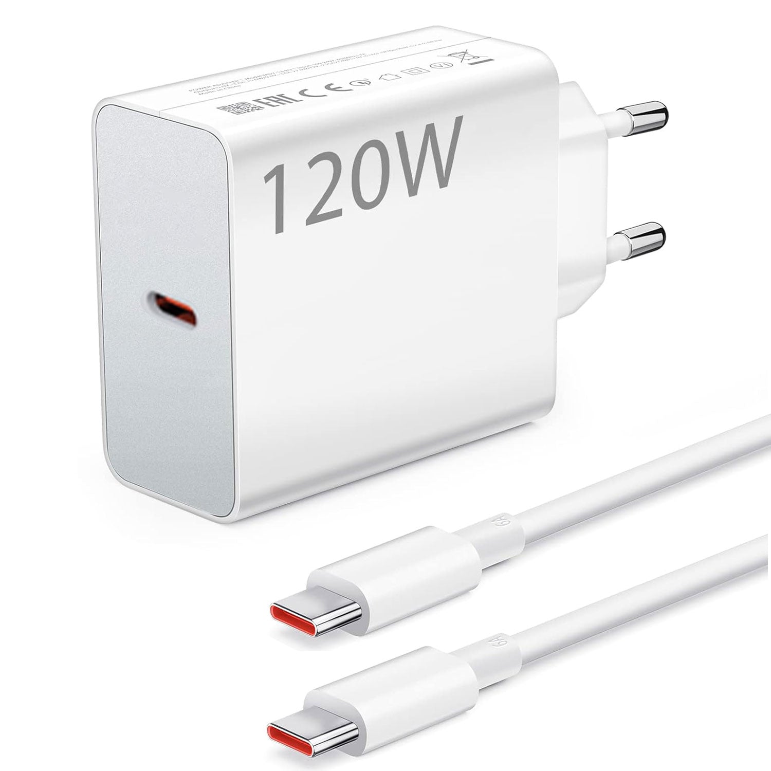 Xiaomi 120W HyperCharge wall adapter showing its EU plug interface, high-speed output port, and the bundled high-transfer connection cable
