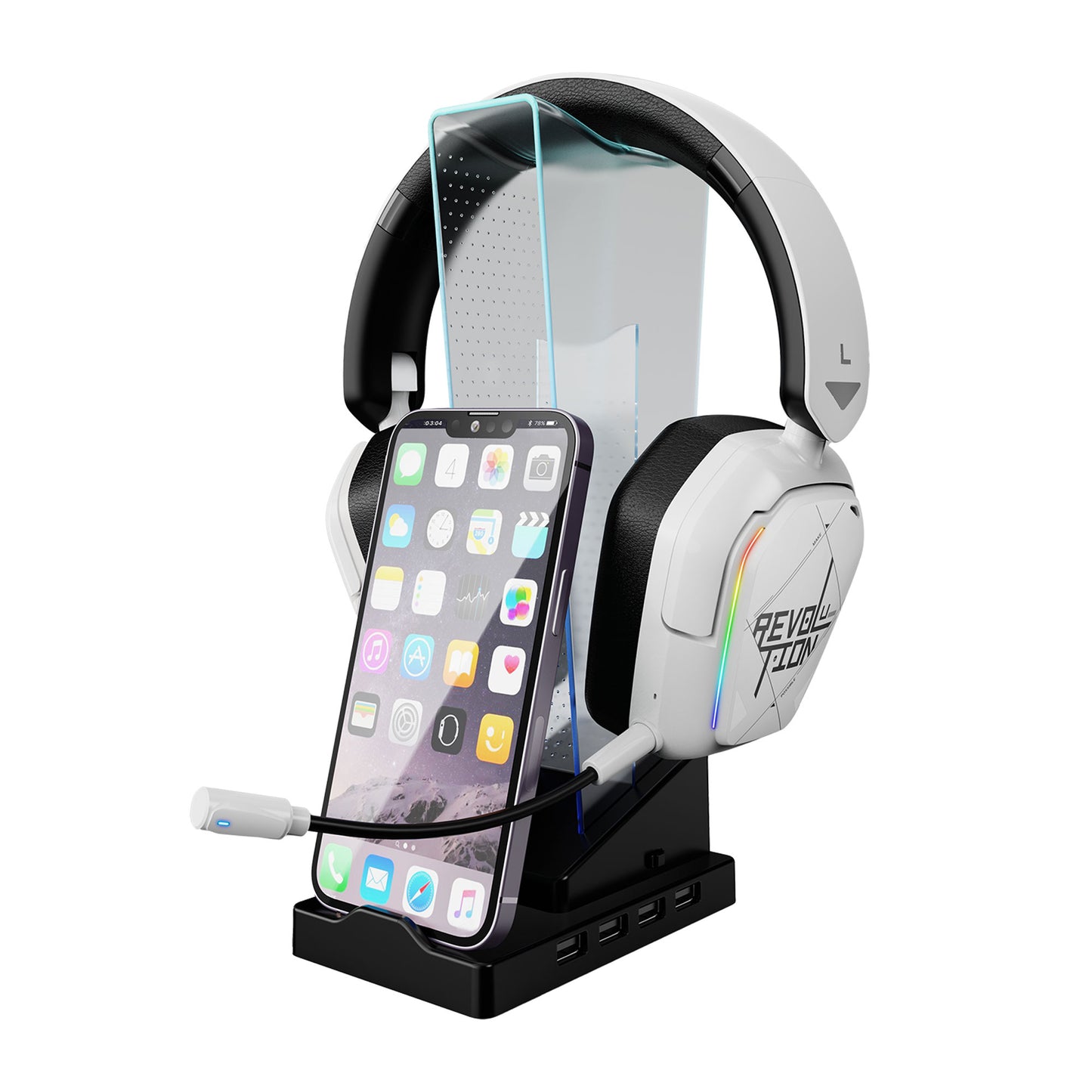 XTRIKE ME HT-09 gaming headset stand with 4 USB ports, built-in mobile phone holder, and LED lights