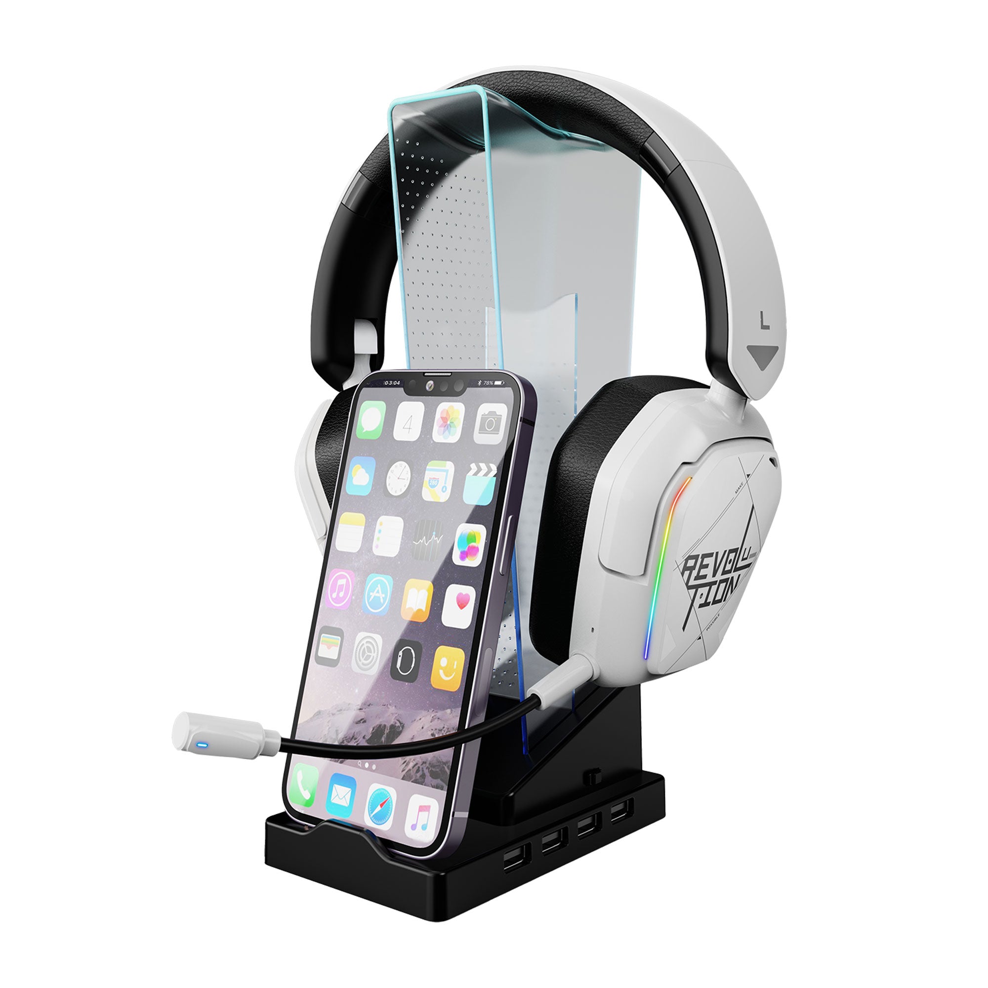 XTRIKE ME HT-09 gaming headset stand with 4 USB ports, built-in mobile phone holder, and LED lights