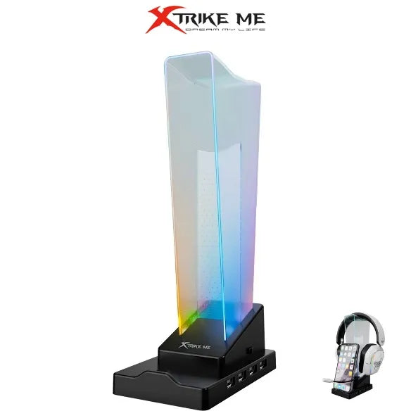 XTRIKE ME HT-09 gaming headset stand with 4 USB ports, built-in mobile phone holder, and LED lights