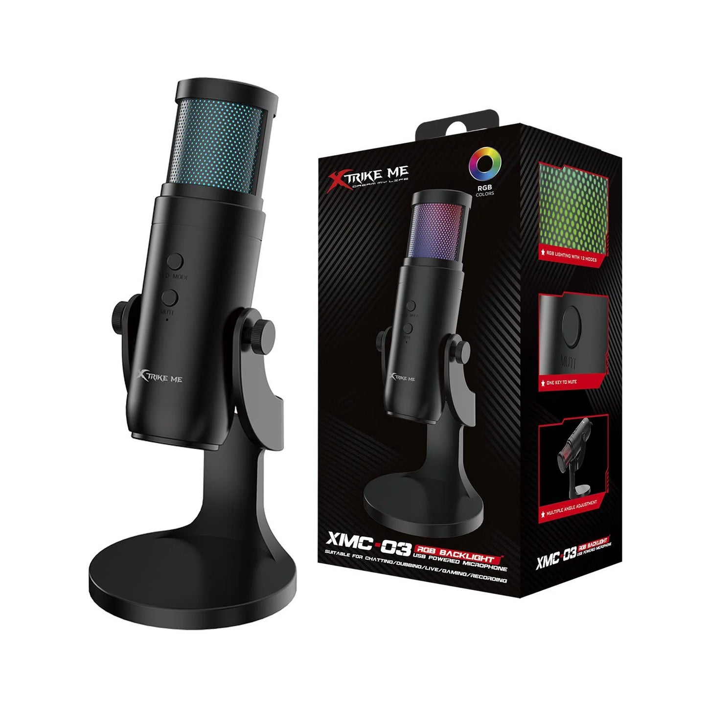 Xtrike Me XMC03 dynamic RGB gaming microphone with USB and XLR output, smart knob, and 12 lighting modes for streaming